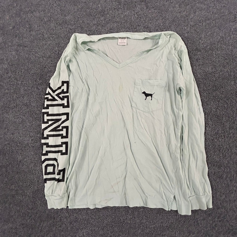 PINK Long Sleeve Shirt Womens Size S Mint Green Cotton V-Neck Graphic Pocket Tee
